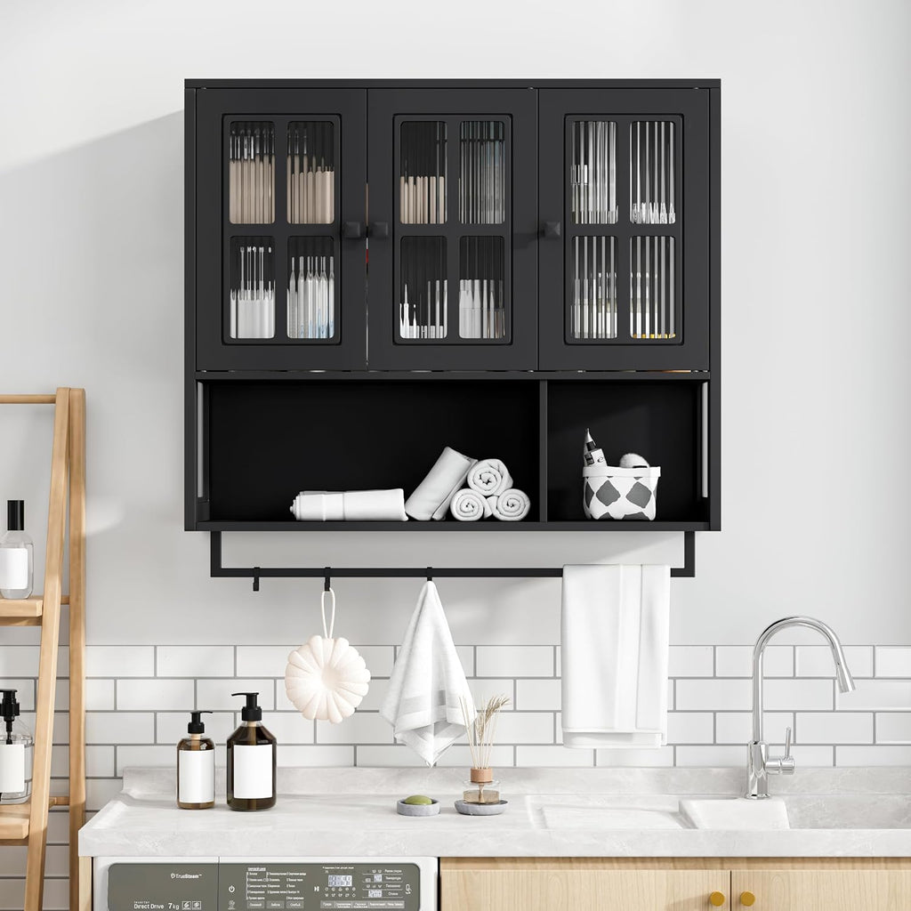 Polibi Wall Cabinet with Fluted Glass, Modern Wall-Mounted Storage with Towel Bar, Removable Shelves, Minimalist Design for Entryway Living Room Bathroom Dining Room, Easy Assembly, Black