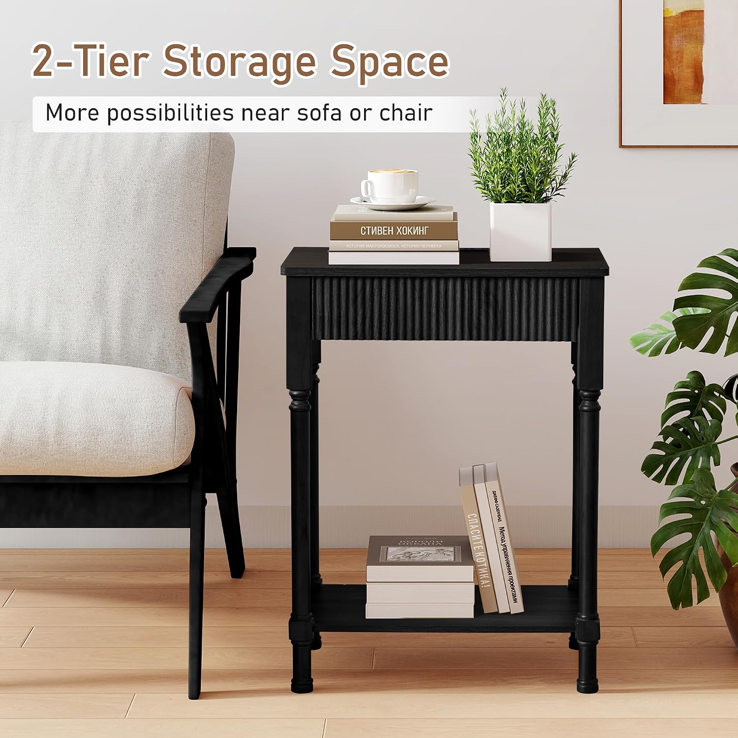 23.6' Large End Table with Charging Station, Set of 2, Modern Farmhouse Side Table with Drawer&Open Shelf, Fluted Wood Bedside Table Sofa Tables Night Stand for Bedroom Living Room Home Office, Black