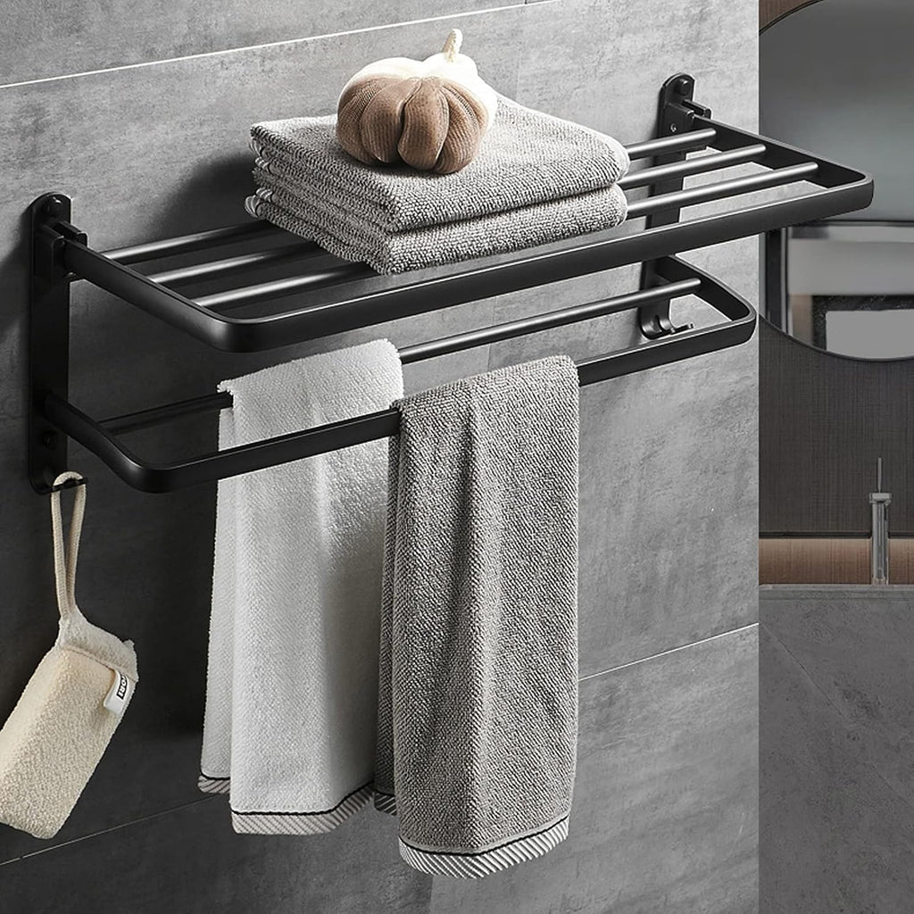 Bathroom Shelf Wall Floating Bathroom Bathroom Towel Rack 23.6 Inches Foldable Wall Mounted Double Towel Holder Bathroom Accessories No Drilling with Two Towel Bars Floating Shelves Corner Shower Cadd