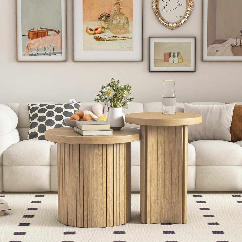 Round Nesting Coffee Table Set, Stackable Small Wood Grain Coffee Tables, Modern Space‑Saving Round Side End Tables for Living Room, Apartment, Bedroom, Small Spaces, Easy Assembly Home Furniture