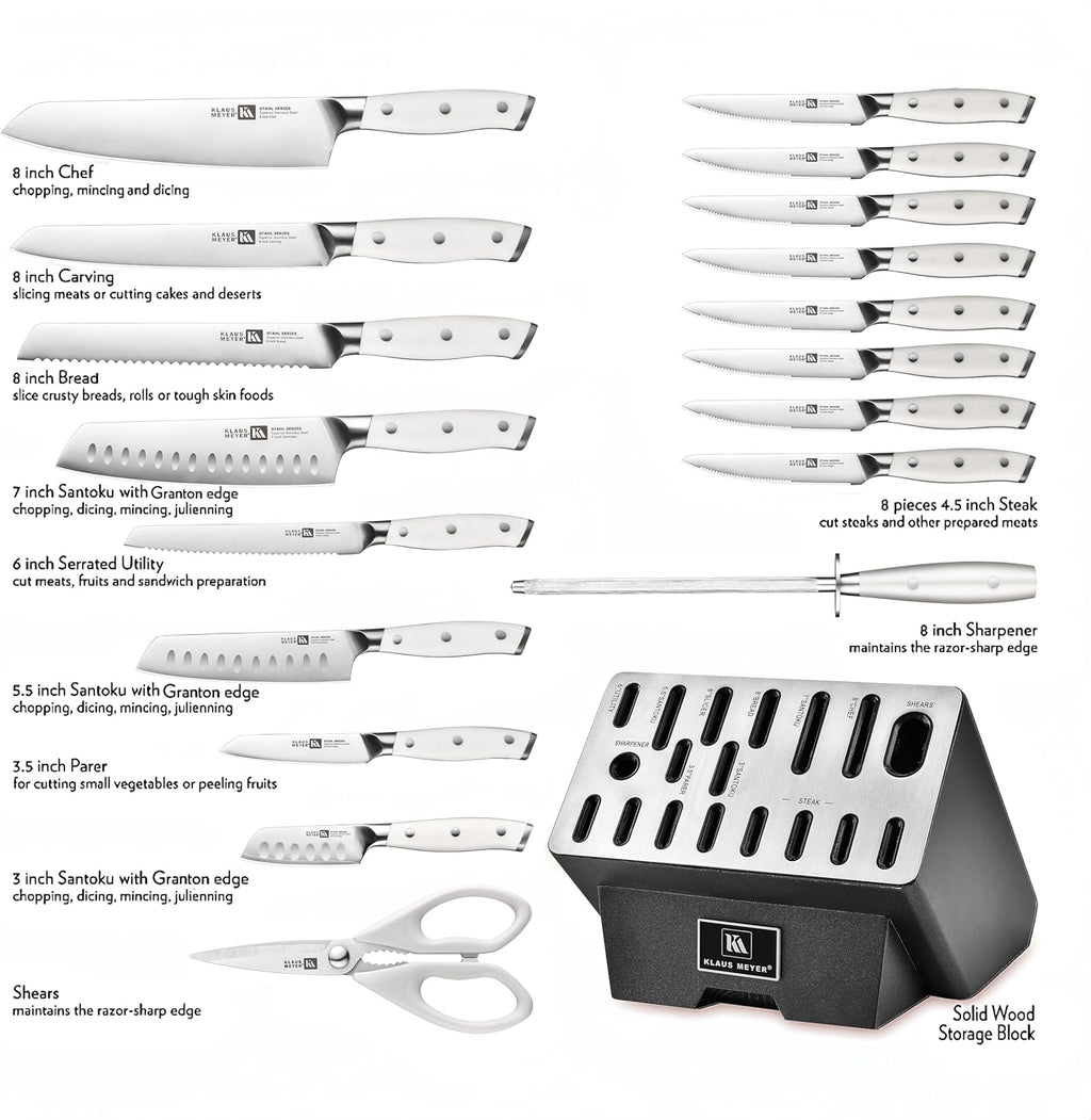 Klaus Meyer 19-Piece Knife Block Set, High Carbon German Stainless Steel (Stahl), Full-Tang Handles with Sharpener (White)