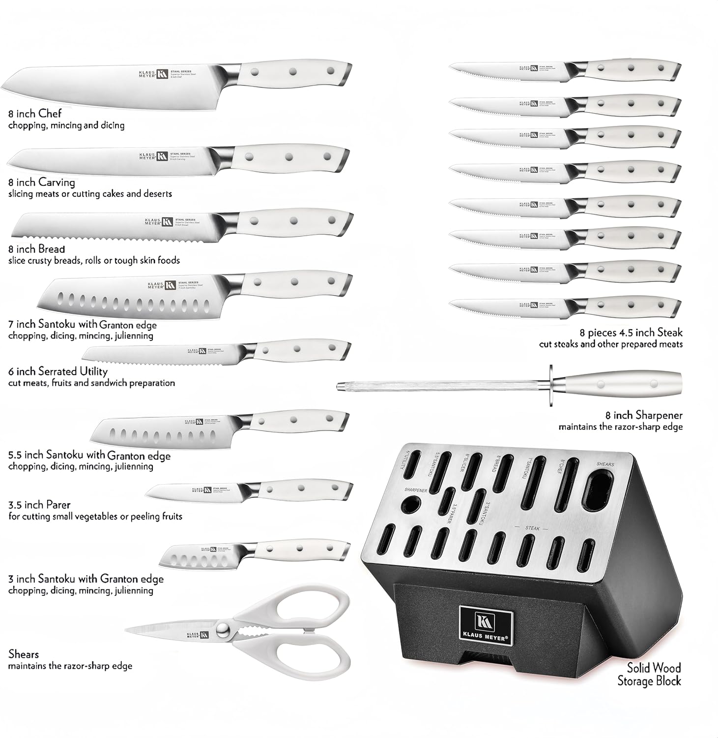 Klaus Meyer 19-Piece Knife Block Set, High Carbon German Stainless Steel (Stahl), Full-Tang Handles with Sharpener (White)