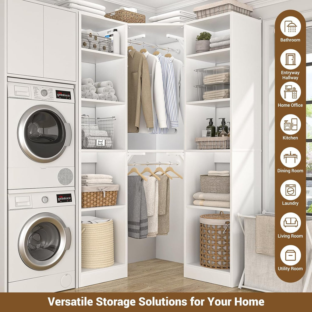 Besiost Corner Closet System with 12 Shelves, 39.2' Corner Closet Organizer System with 2 Hanging Rods, Versatile 6-Tier Walk-in Closets for Corner Space, White (39.2' L x 39.2' W x 80' H)
