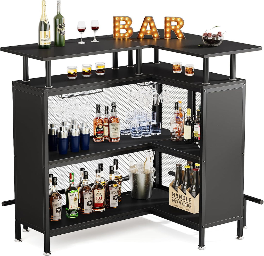 Tribesigns Home Bar Unit, L-Shaped Bar Table with Stemware Racks and 2-Tier Shelves, Corner Mini Coffee Liquor Cabinet with Footrest for Home/Kitchen/Pub, Black