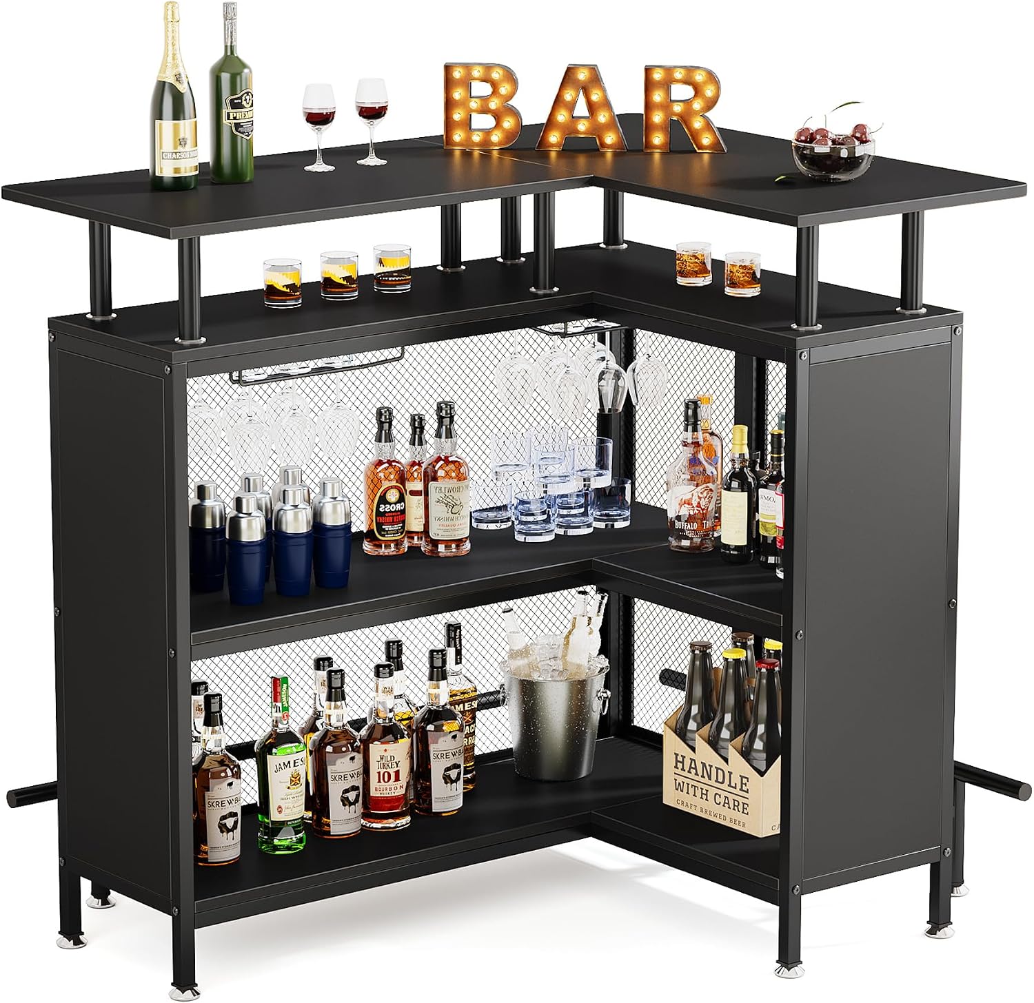 Tribesigns Home Bar Unit, L-Shaped Bar Table with Stemware Racks and 2-Tier Shelves, Corner Mini Coffee Liquor Cabinet with Footrest for Home/Kitchen/Pub, Black