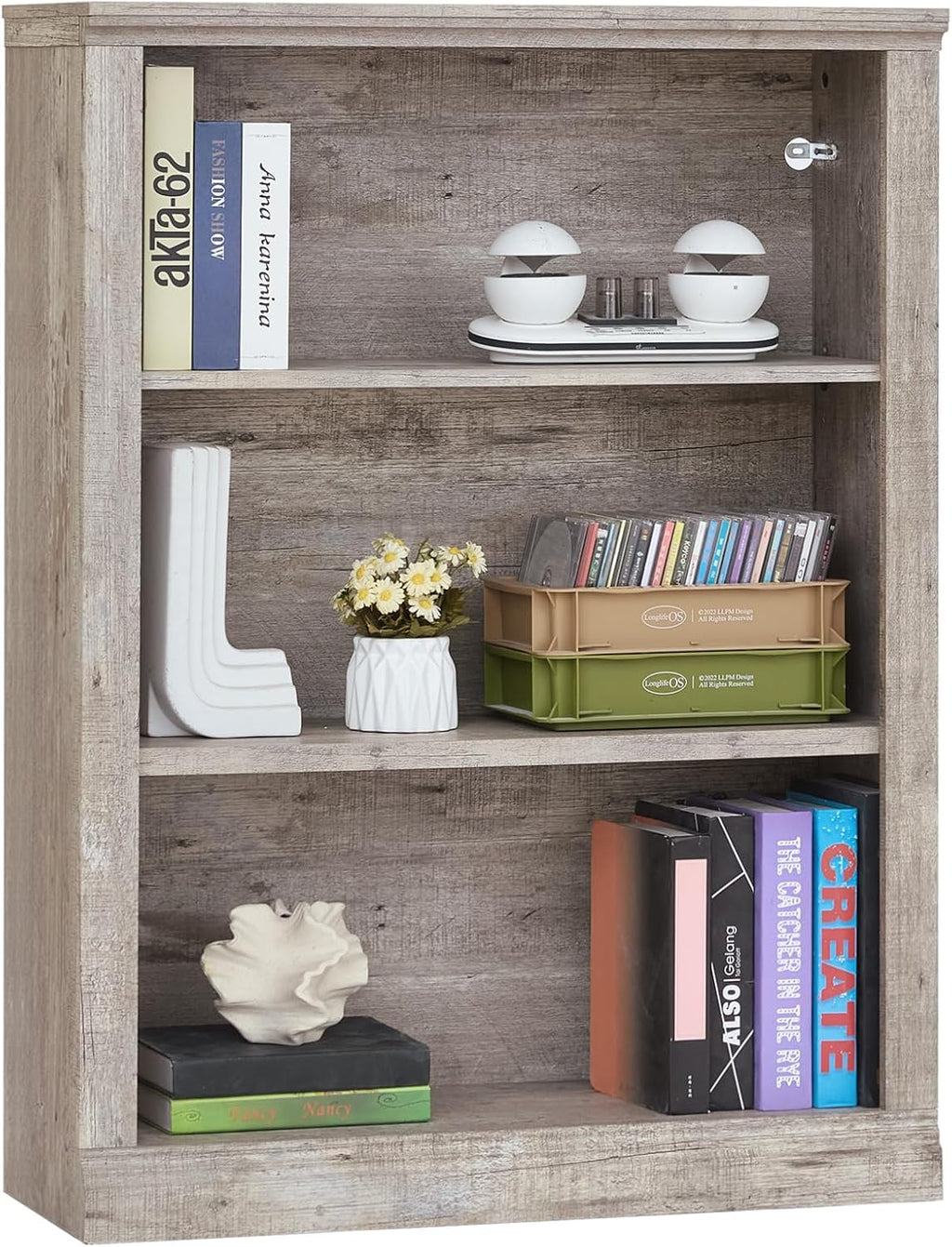 RWYHG 43' Grey Tall Bookshelf,3-Tier Thick Wooden Book Shelf with Adjustable Shelves,Free Standing Farmhouse Bookcase with Open Display Storage,Floor Vintage Bookshelves for Living Room,Office