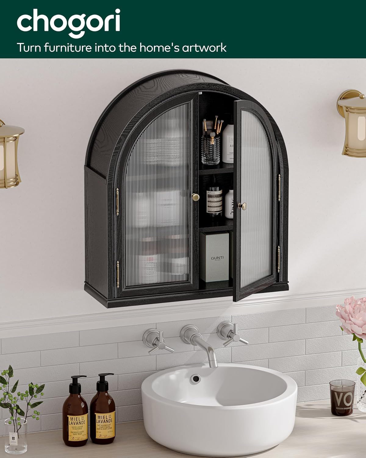 Chogori Solid Wood Arched Bathroom Wall Cabinet, 27x24x9 Inch Over The Toilet Storage Cabinet with Acrylic Doors & 3 Adjustable Shelves, Wall Mounted Cabinet for Bathroom, Kitchen, Laundry Room, Black