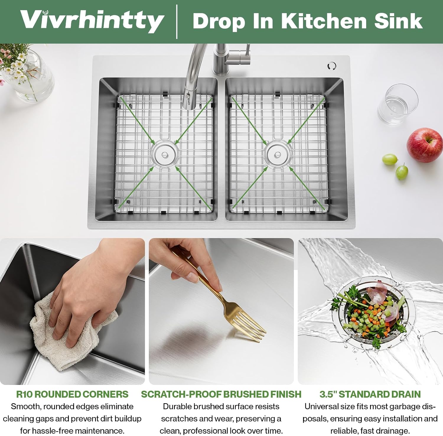 33' x 22' x 9' Drop-In Double Bowl Kitchen Sink, Topmount Stainless Steel with Satin Finish, Soundproofing & Protective Bottom Grid