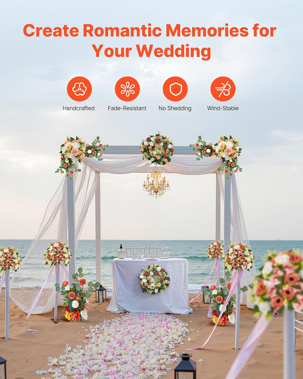 VEVOR Standing Artificial Flowers Arrangements 4 PCS, 17.5-Inch Tall Faux Flower Decorations for Wedding Aisle Runner Chair, Orange Floral Centerpieces for Ceremony Reception Party Outdoor Decor