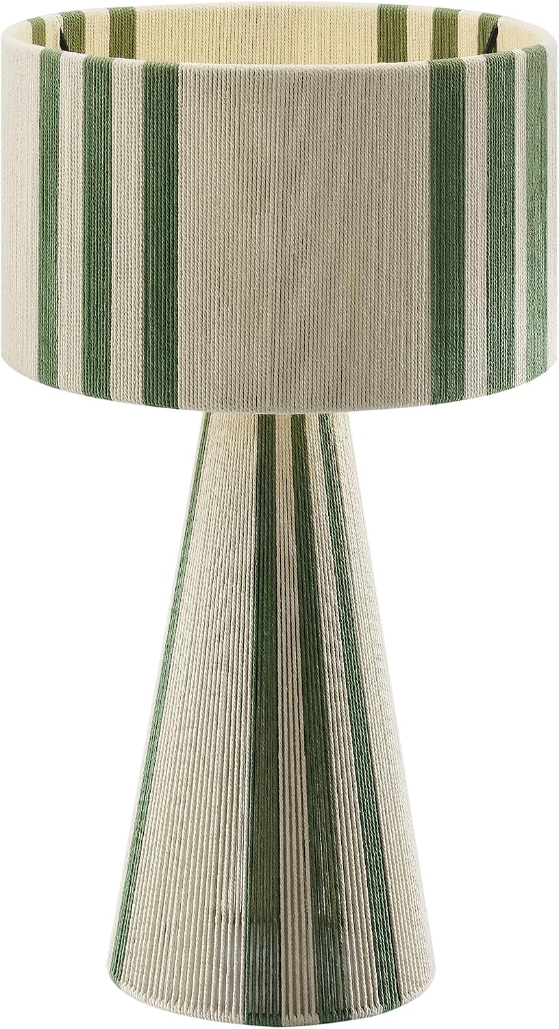 Modway Gia Vintage Modern Cotton Thread Table Lamp in Basil Green - Unique Retro Boho Accent Lamp with Metal Base and Repeating Stripes Design