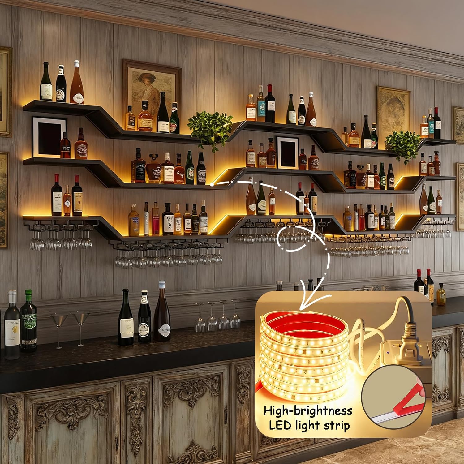 31.5in Modern LED Wine Rack Wall Mounted, 3-Tier Floating Bar Shelves with Wine Glass Rack, Large Hanging Liquor Shelf Wall Mounted, for Home Bar Dining Room Cafe Decorative (Black, 31.5in/80cm)