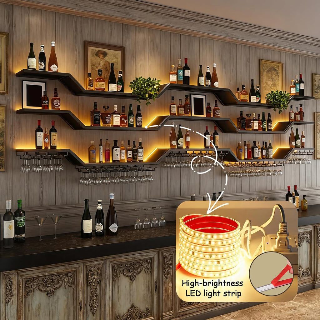 39.4in Modern LED Wine Rack Wall Mounted, 3-Tier Floating Bar Shelves with Wine Glass Rack, Large Hanging Liquor Shelf Wall Mounted, for Home Bar Dining Room Cafe Decorative (Black, 39.4in/100cm)