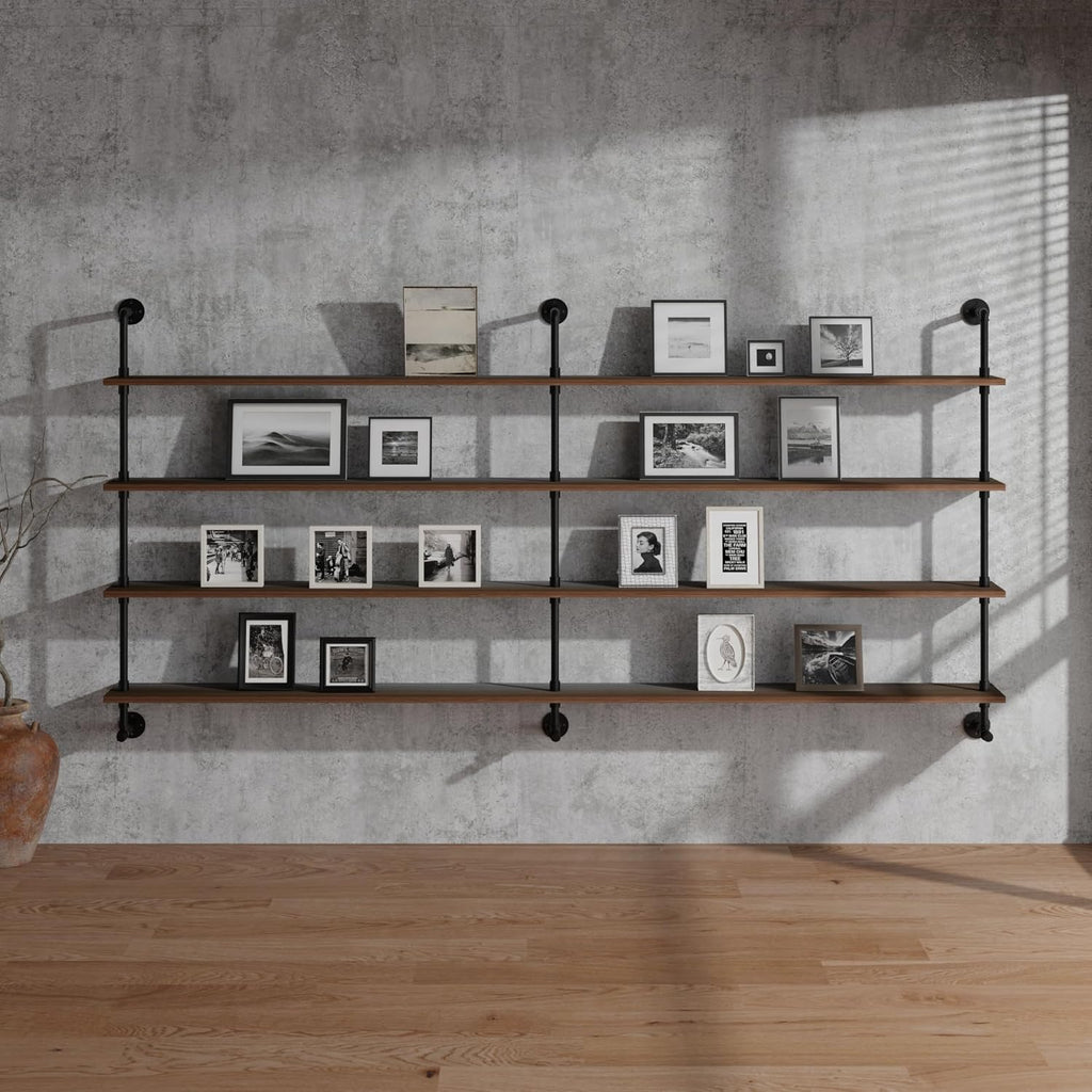 Industrial Pipe Wall Shelves Pipe Shelving with Real Wood Plank ,60 Inches Floating Shelves for Wall Farmhouse Pipe Book Shelves Dark Brown 4 Tier for Kitchen,Living Room Decor and Bar Shelving