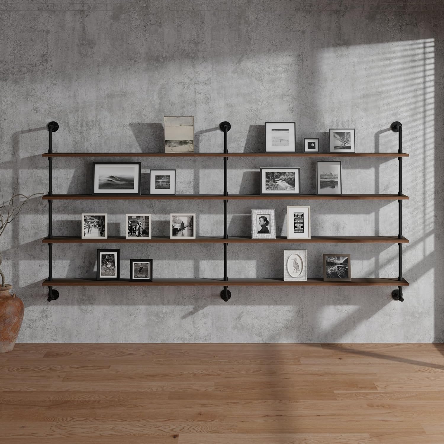 Industrial Pipe Wall Shelves Pipe Shelving with Real Wood Plank ,60 Inches Floating Shelves for Wall Farmhouse Pipe Book Shelves Dark Brown 4 Tier for Kitchen,Living Room Decor and Bar Shelving