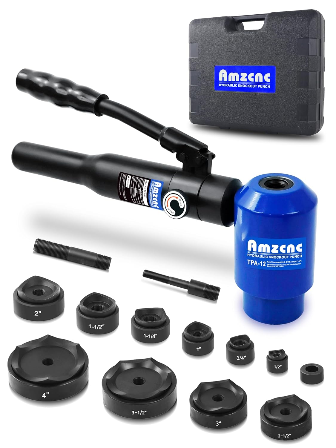 AMZCNC Hydraulic Knockout Hole Punch Driver Kit 1/2 to 4 inch Electrical Conduit Hole Cutter Set KO Tool Kit Metal Sheet Puncher (12TON(1/2'~4'))