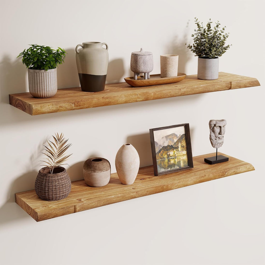 Axeman 36 inch Floating Shelves for Wall - 8'' D Live Edge Rustic Solid Elm Wood Floating Shelves Wall Mounted, Wall Shelves with Invisible Bracket for Living Room Bedroom Kitchen, Set of 2 Natural
