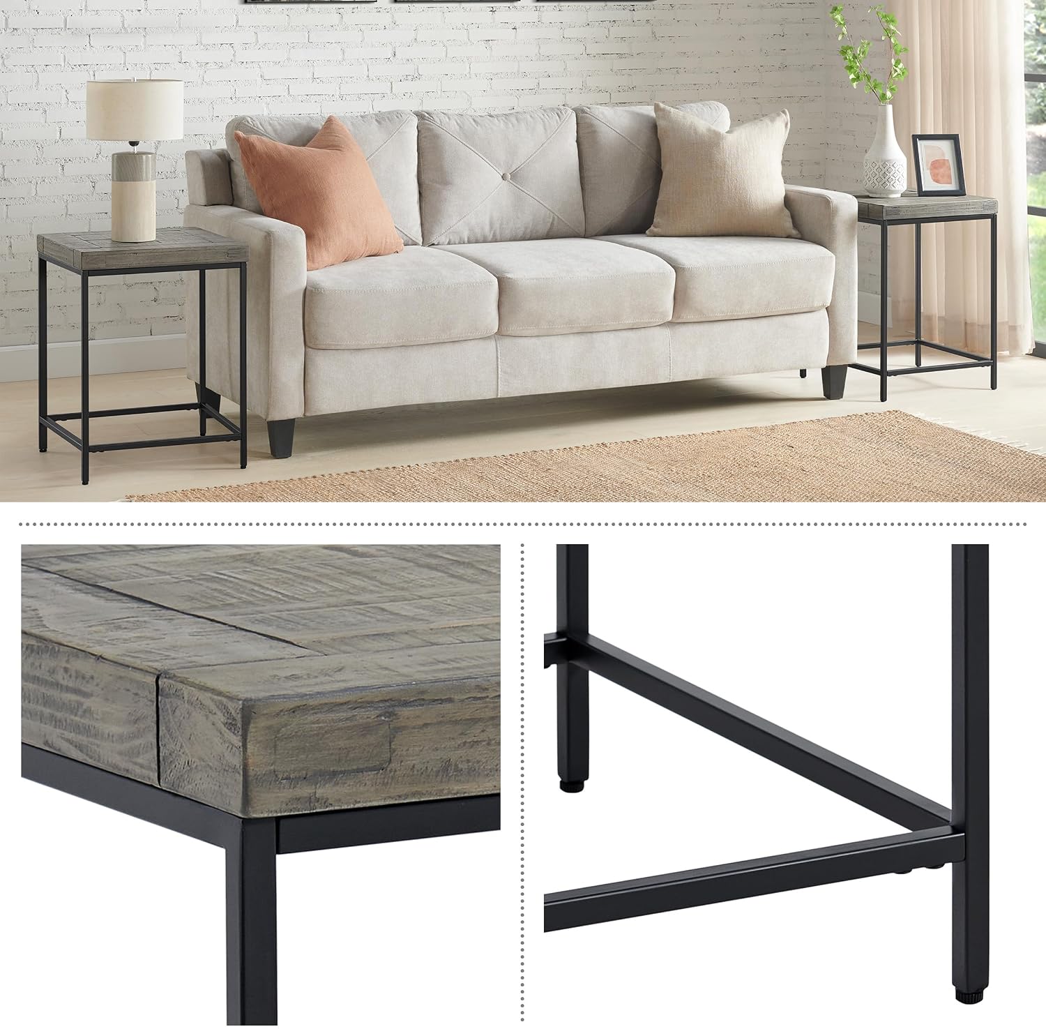 Alaterre Furniture End Table Set - Set of 2 Industrial Side Tables with Wood Tops and Metal Frames - for Living Room, Bedroom, or Dorm Room (Gray)