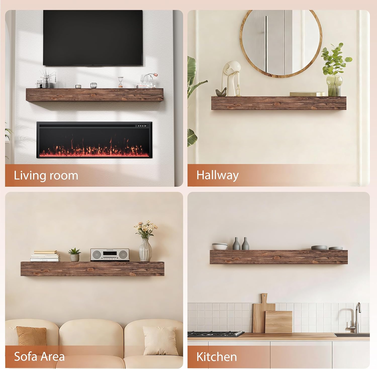 66 Inch Fireplace Mantel Shelf - 8' Deep Solid Wood Floating Mantel for Over Fireplace - 90LBS with Invisible Bracket - Handcrafted TV Decor for Livingroom & Bedroom - Charred Rustic Brown