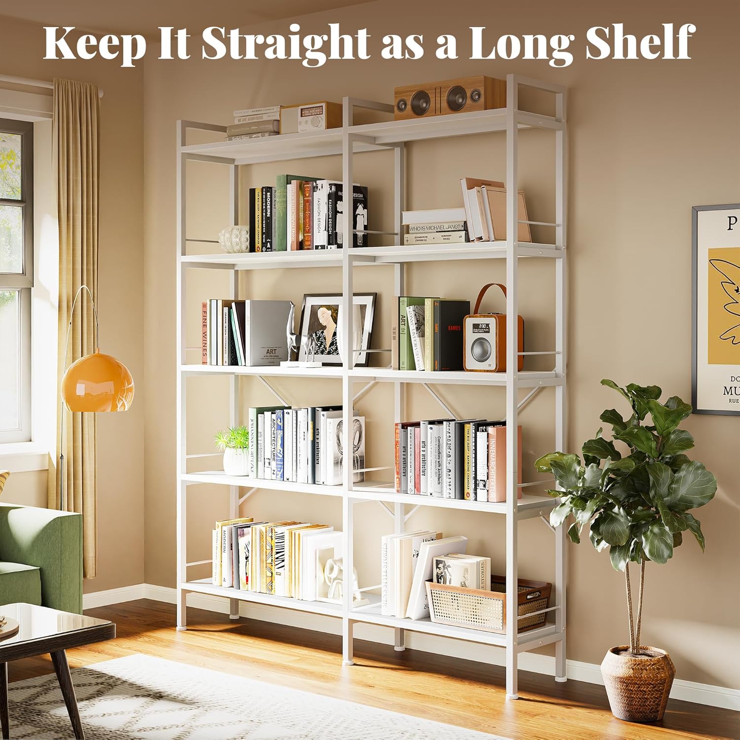 Huuger 5 Tier Bookshelf, L Shaped Corner Bookshelf with 10 Open Shelves, 49.4 Inch Straight Wide Bookcase with Metal Frame and Wooden Board, Adjustable Feet, White