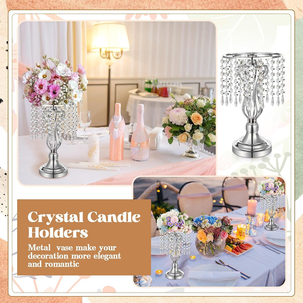 Didaey 16 Pcs Wedding Centerpieces for Tables, Gold Silver Vase Centerpiece with Chandelier Crystal Metal Flower Stand, Tall Flower Vases for Wedding Party Home Decoration(Silver,12.6')