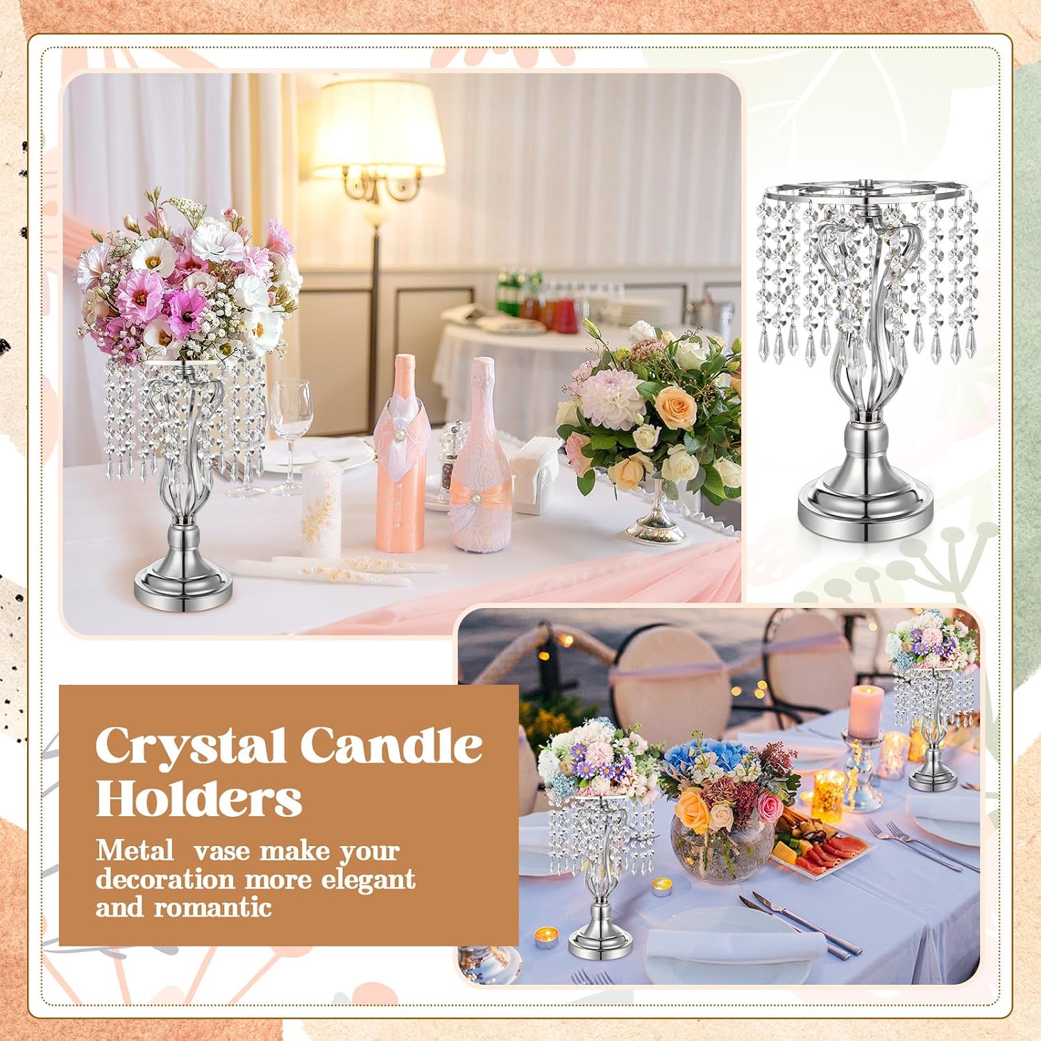 Didaey 16 Pcs Wedding Centerpieces for Tables, Gold Silver Vase Centerpiece with Chandelier Crystal Metal Flower Stand, Tall Flower Vases for Wedding Party Home Decoration(Silver,12.6')