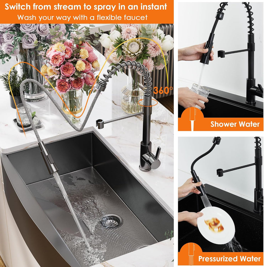 36Inch NANO PVD Black Farmhouse Kitchen Sink w/Pull-down Faucet 16 Gauge Stainless Steel Workstation Sink Scratch Resistant Surface w/Accessories (Gunmetal Single Bowl, 36 Inch w/Faucet)