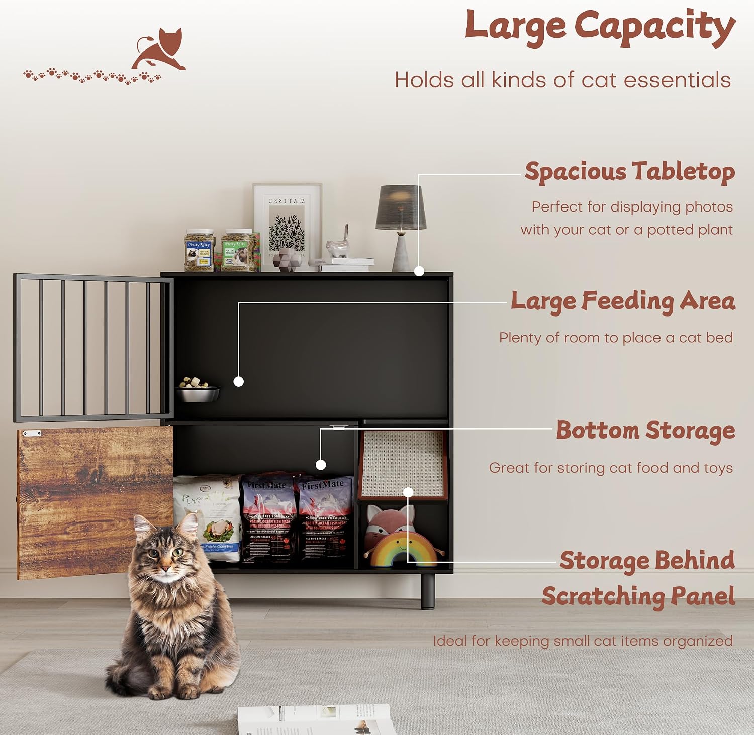 Dog Proof Cat Feeding Station, Cat Feeding Station Furniture with Storage and Cats Scratching Board, 2 Raised Pet Food and Water Bowl for Indoor Cats, Large Pet Cabinet