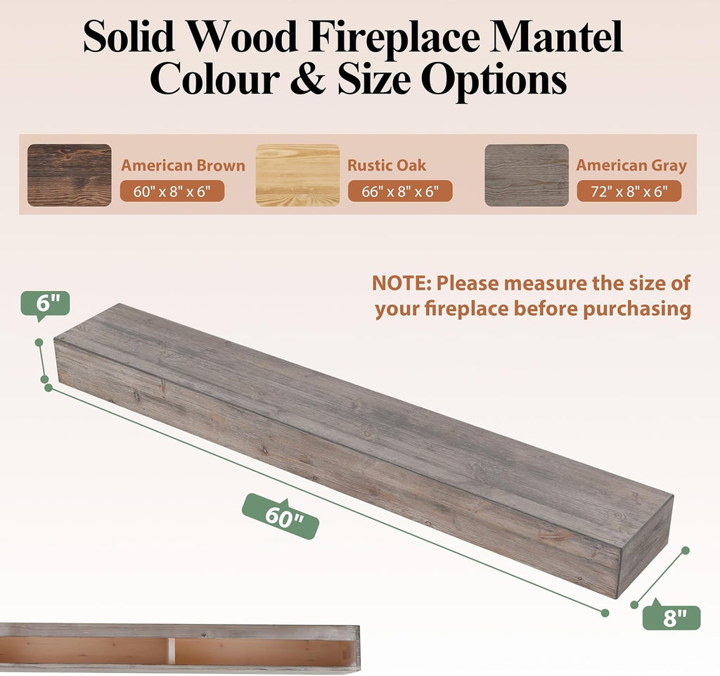 60 Inch Fireplace Mantel Shelf - 8' Deep Solid Wood Floating Mantel for Over Fireplace - 90LBS with Invisible Bracket - Handcrafted TV Decor for Livingroom & Bedroom - Charred Rustic Gray