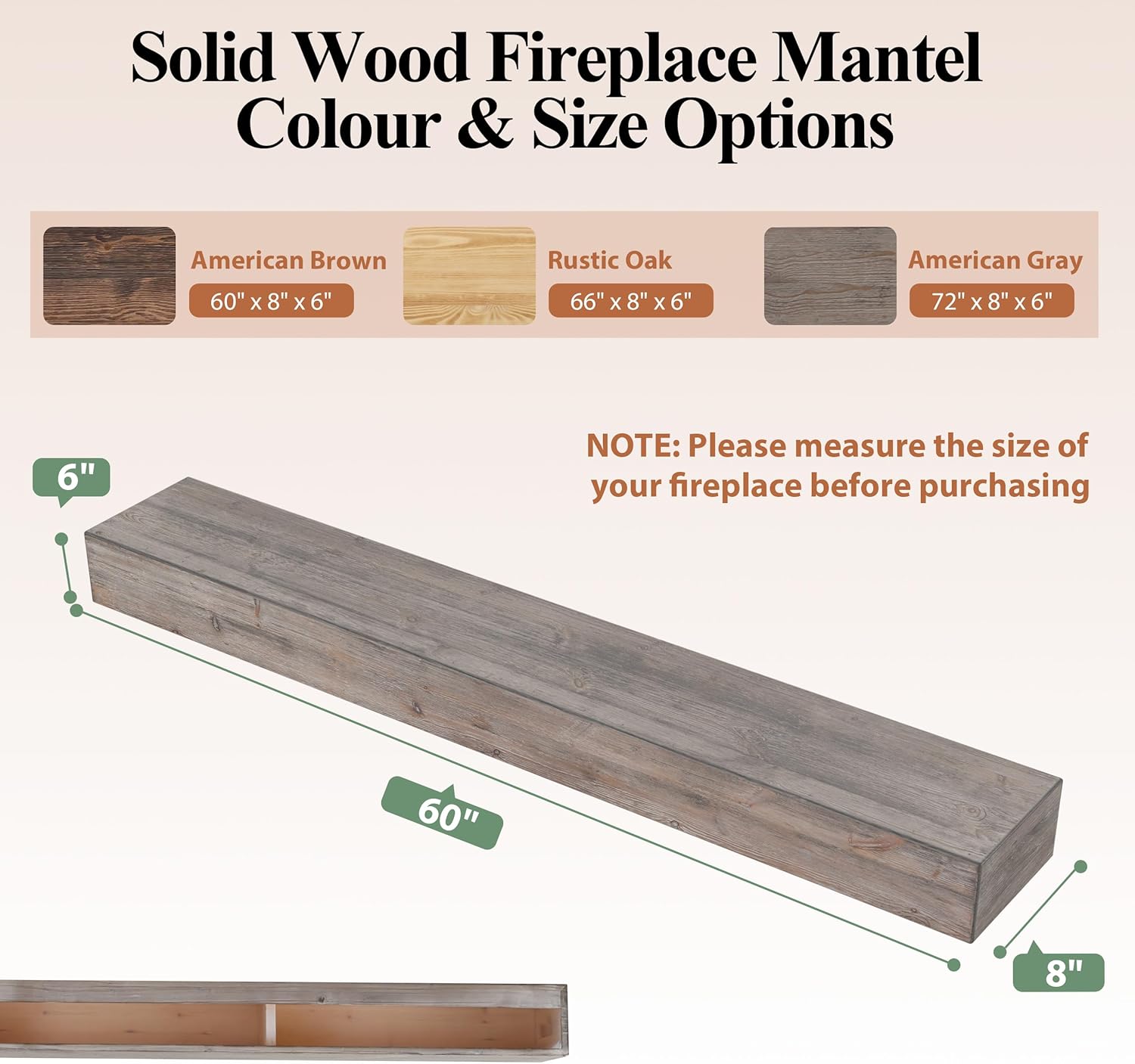60 Inch Fireplace Mantel Shelf - 8' Deep Solid Wood Floating Mantel for Over Fireplace - 90LBS with Invisible Bracket - Handcrafted TV Decor for Livingroom & Bedroom - Charred Rustic Gray