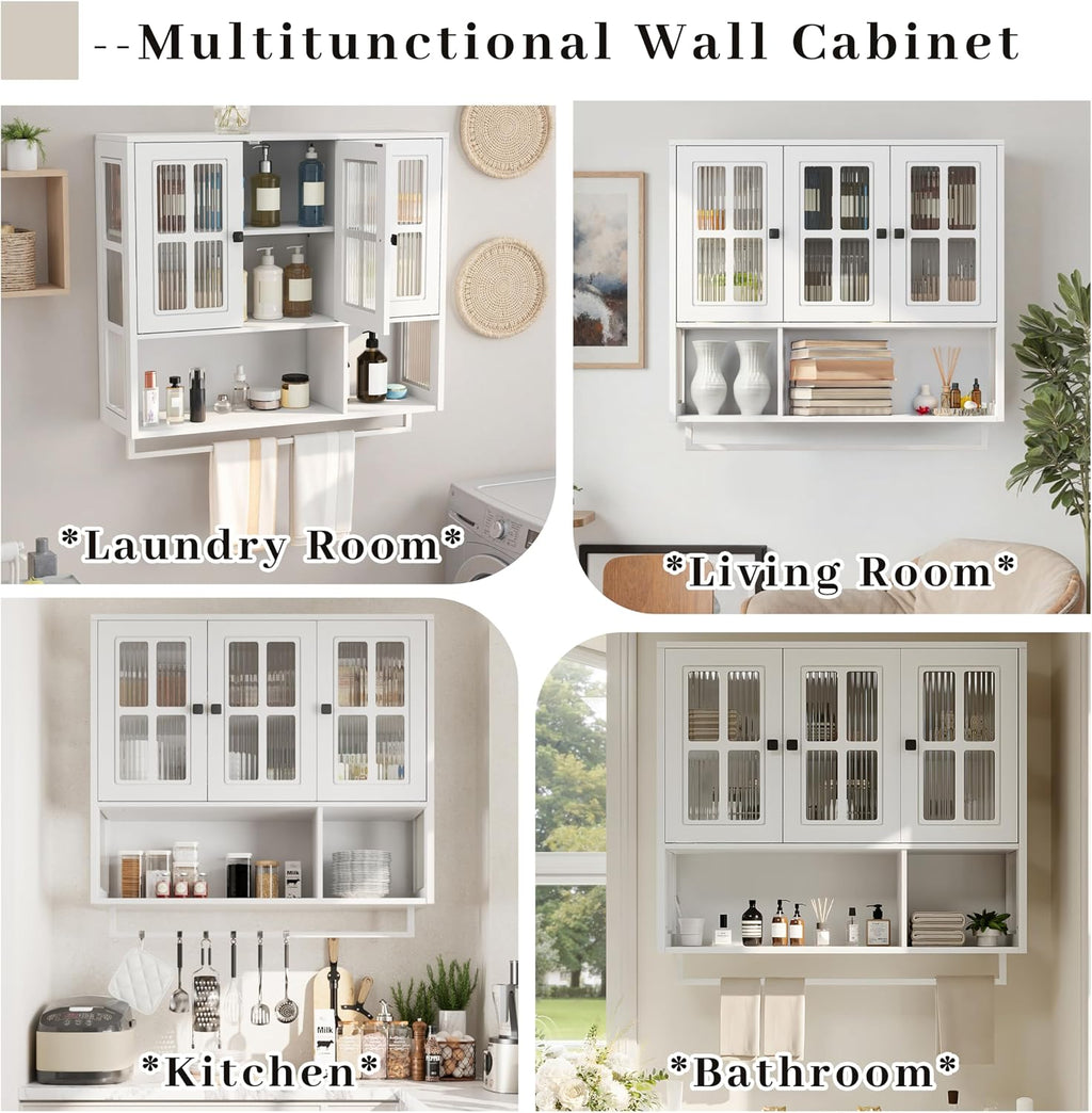 Polibi Wall Cabinet with Fluted Glass, Modern Wall-Mounted Storage with Towel Bar, Removable Shelves, Minimalist Design for Entryway Living Room Bathroom Dining Room, Easy Assembly, White