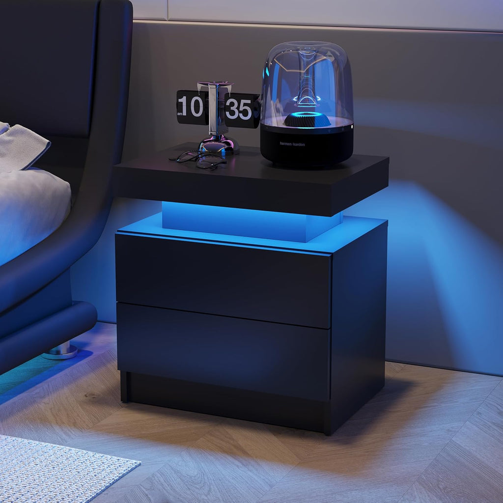 Black Nightstands Set of 2 LED Night Stand Set 2 Modern Bedside Table with 2 Drawers Side Table with LED Lights for Bedroom,Living Room