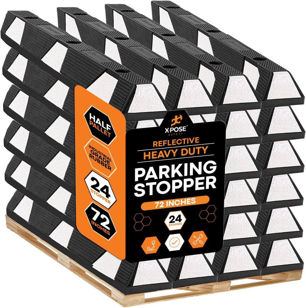 Xpose Safety 72' Heavy Duty Rubber Parking Stopper – Bulk Half Pallet 24 Pack Wheel Blocks for Garage, Driveway, or Ramp – Car Bumper Stop with White Reflective Strips – Removable Floor Mount