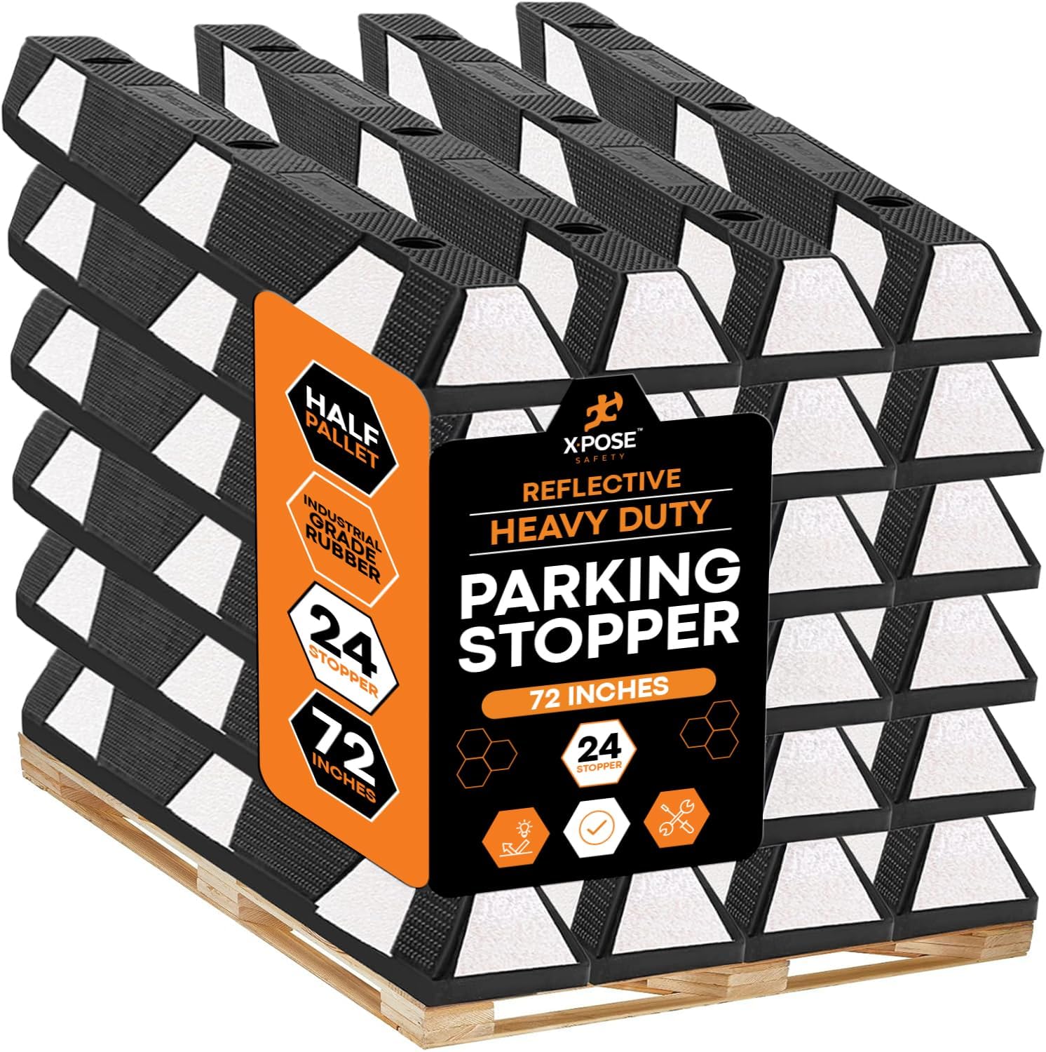 Xpose Safety 72' Heavy Duty Rubber Parking Stopper – Bulk Half Pallet 24 Pack Wheel Blocks for Garage, Driveway, or Ramp – Car Bumper Stop with White Reflective Strips – Removable Floor Mount
