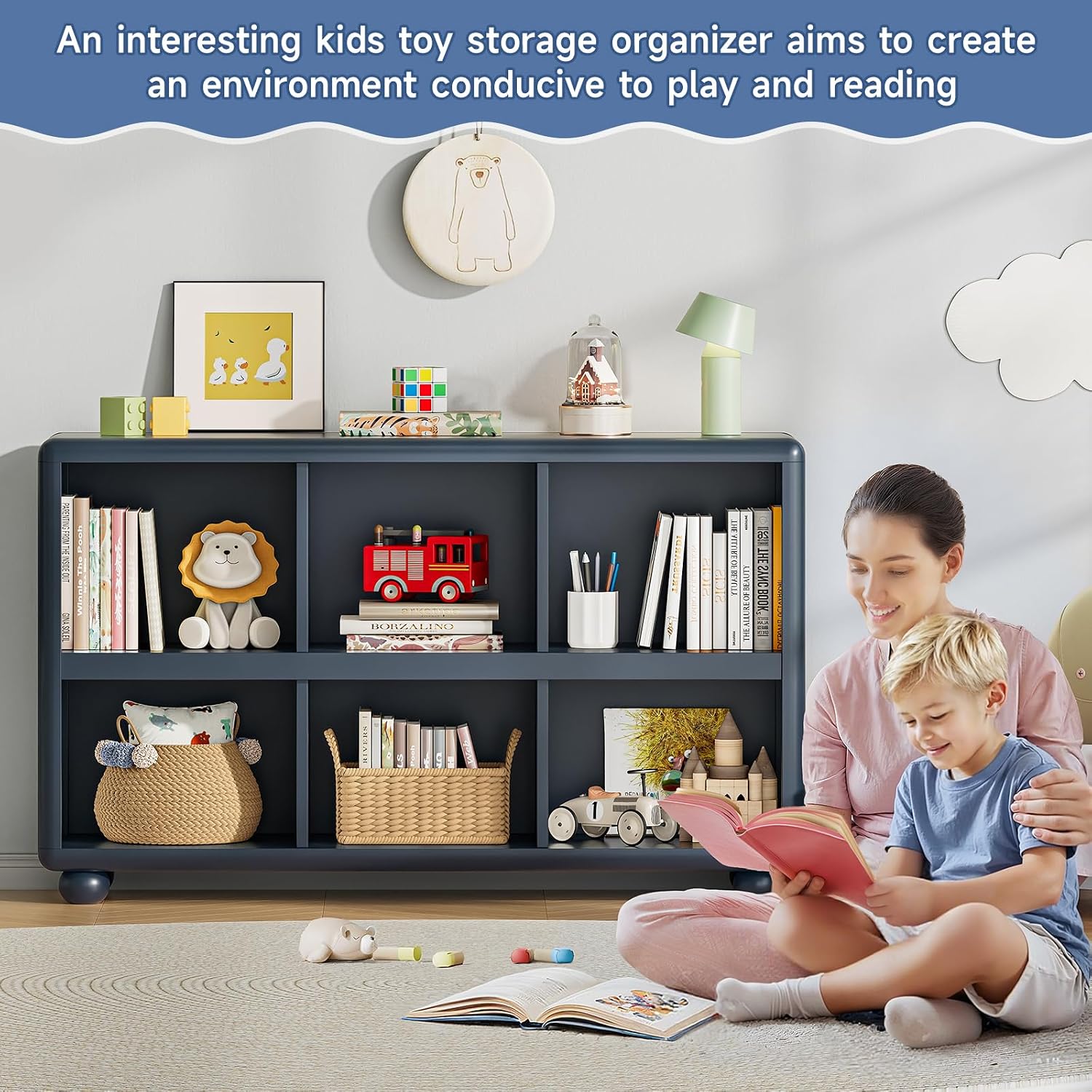ONBRILL Kids Bookcase with 6 Cube Storage, Toy Storage Organizer with All-Rounded Design, Montessori Shlef with Sphere Foot, Kids Bookshelf for Playroom, Bedroom, Nursery, Classroom (Navy Blue)