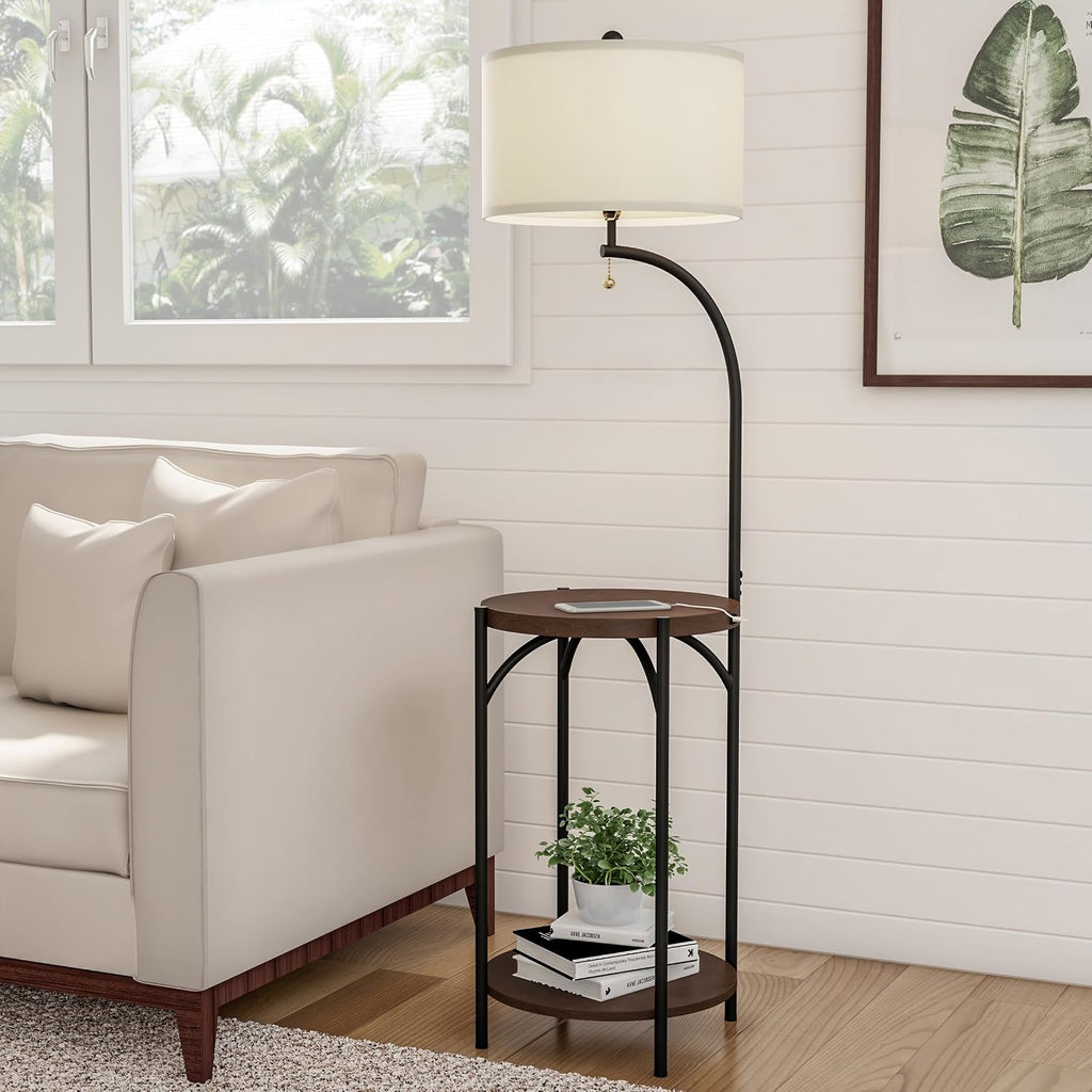 Floor Lamp with End Table - Modern Rustic Side Shelves with USB Charging Port, LED Light Bulb, and Drum-Shaped Shade - Standing Lights by Lavish Home