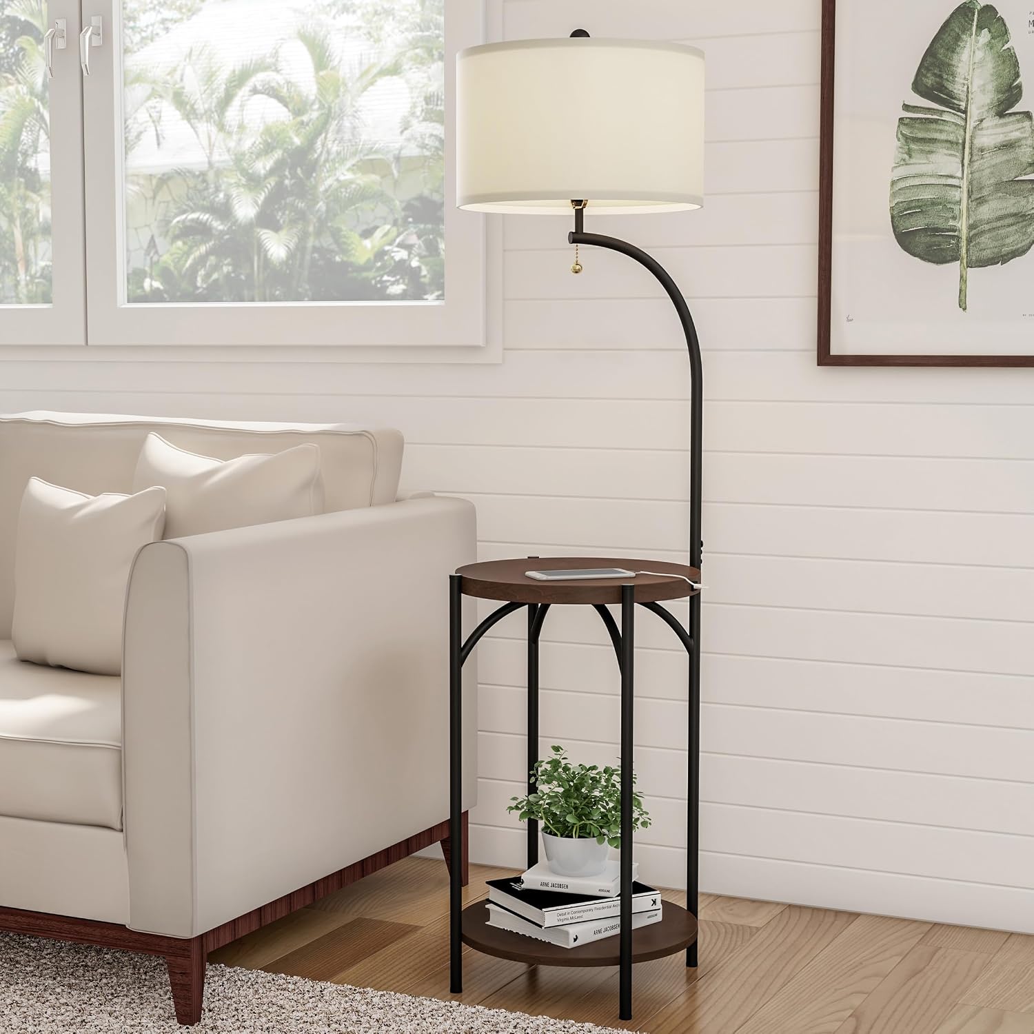 Floor Lamp with End Table - Modern Rustic Side Shelves with USB Charging Port, LED Light Bulb, and Drum-Shaped Shade - Standing Lights by Lavish Home