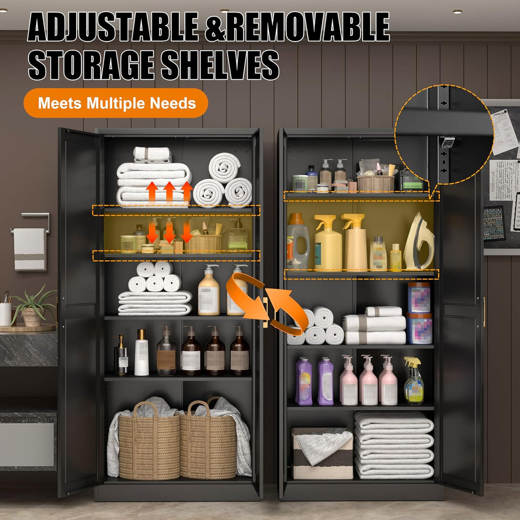 71' Tall Kitchen Storage Cabinet with Gold Handles, Metal Pantry Cabinets with 2 Doors, Food Pantry, Adjustable Shelves, Black Freestanding Pantry Cupboard for Dining, Kitchen, Living Room
