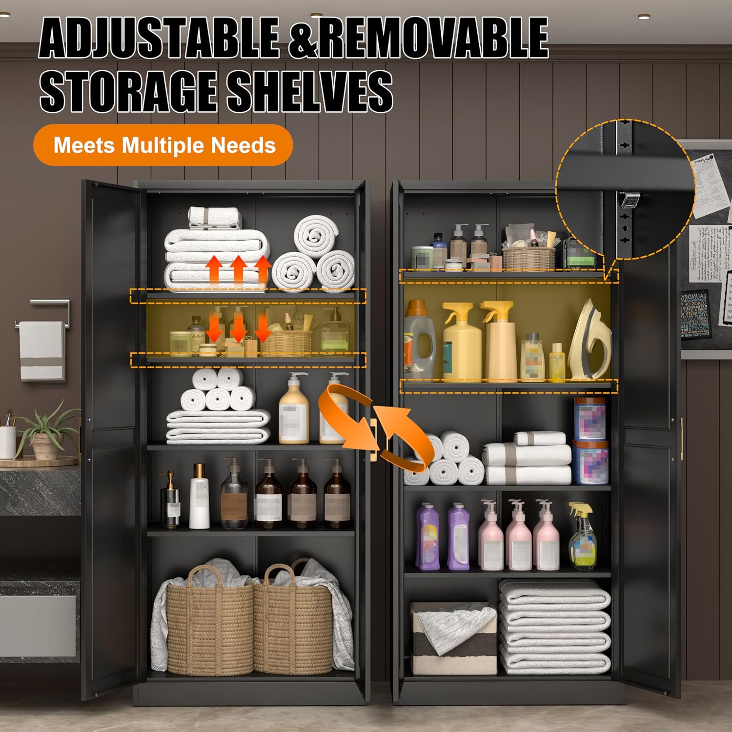 71' Tall Kitchen Storage Cabinet with Gold Handles, Metal Pantry Cabinets with 2 Doors, Food Pantry, Adjustable Shelves, Black Freestanding Pantry Cupboard for Dining, Kitchen, Living Room
