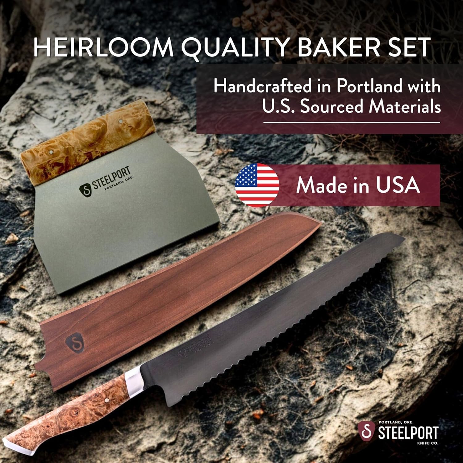 STEELPORT Bread Knife Set (3 Pcs.) – 10' Carbon Steel Serrated Bread Knife with Wooden Sheath & Stainless Steel Bench Scraper | Sourdough Tools for Professional Kitchen | Made in USA