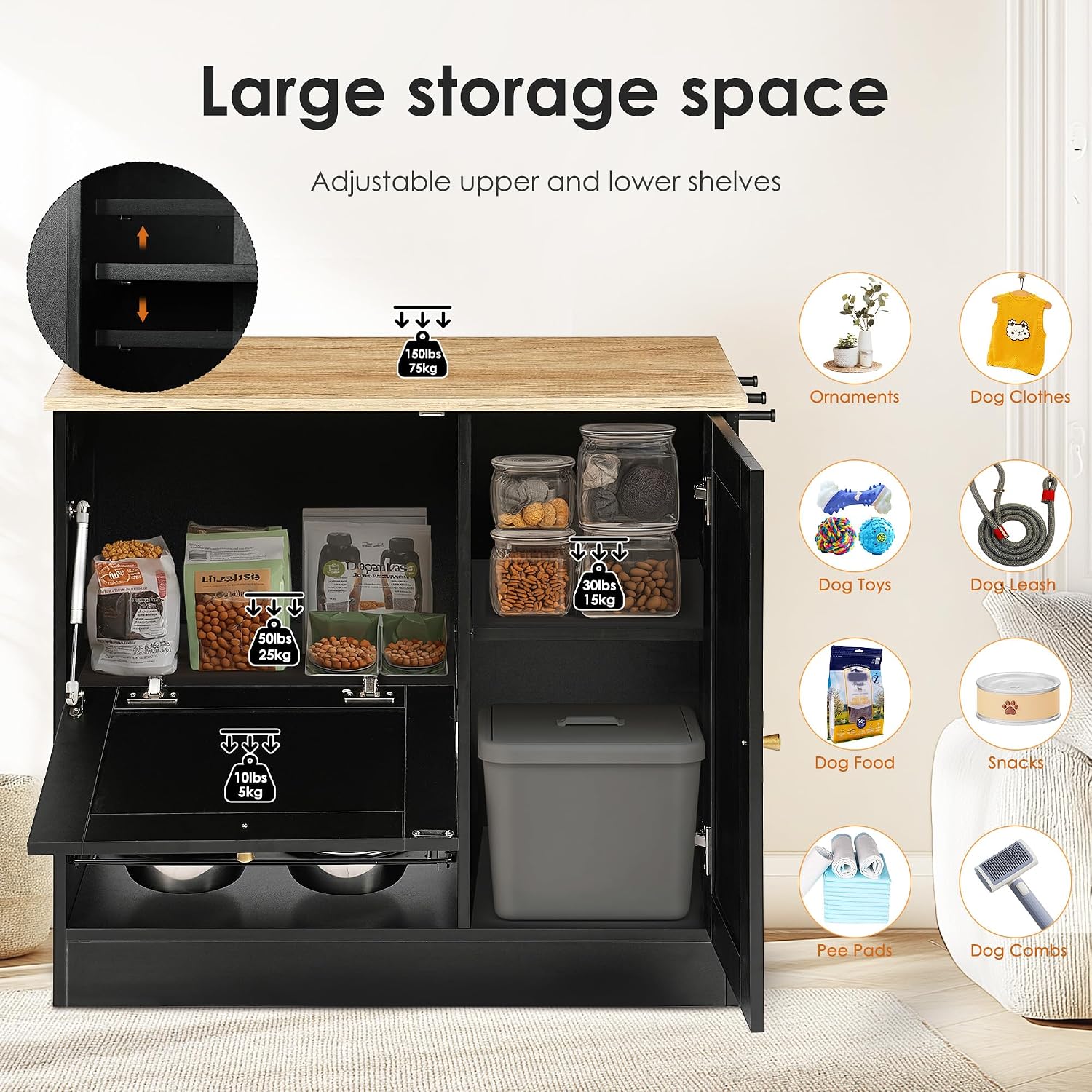 Feeding Station with 2 Lockers, Pet Feeding Station with 2 Elevated Dog Bowls, Side Hooks, Anti-Tipping Kit, Hidden Pet Feeding Station for Feeding and Watering, Rattan Door, Black