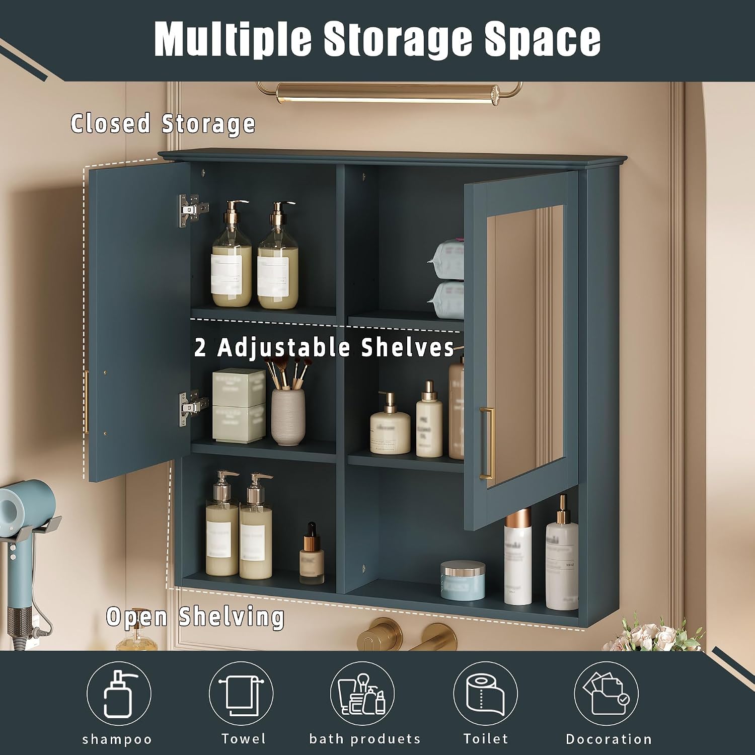 Merax 2-in-1 Bathroom Mirror Cabinet, 30 inch Wall Mounted Medicine Cabinet with Adjustable Shelves & Soft Close Doors, High-Define Mirror with Storage for Bathroom Vanity, Blue
