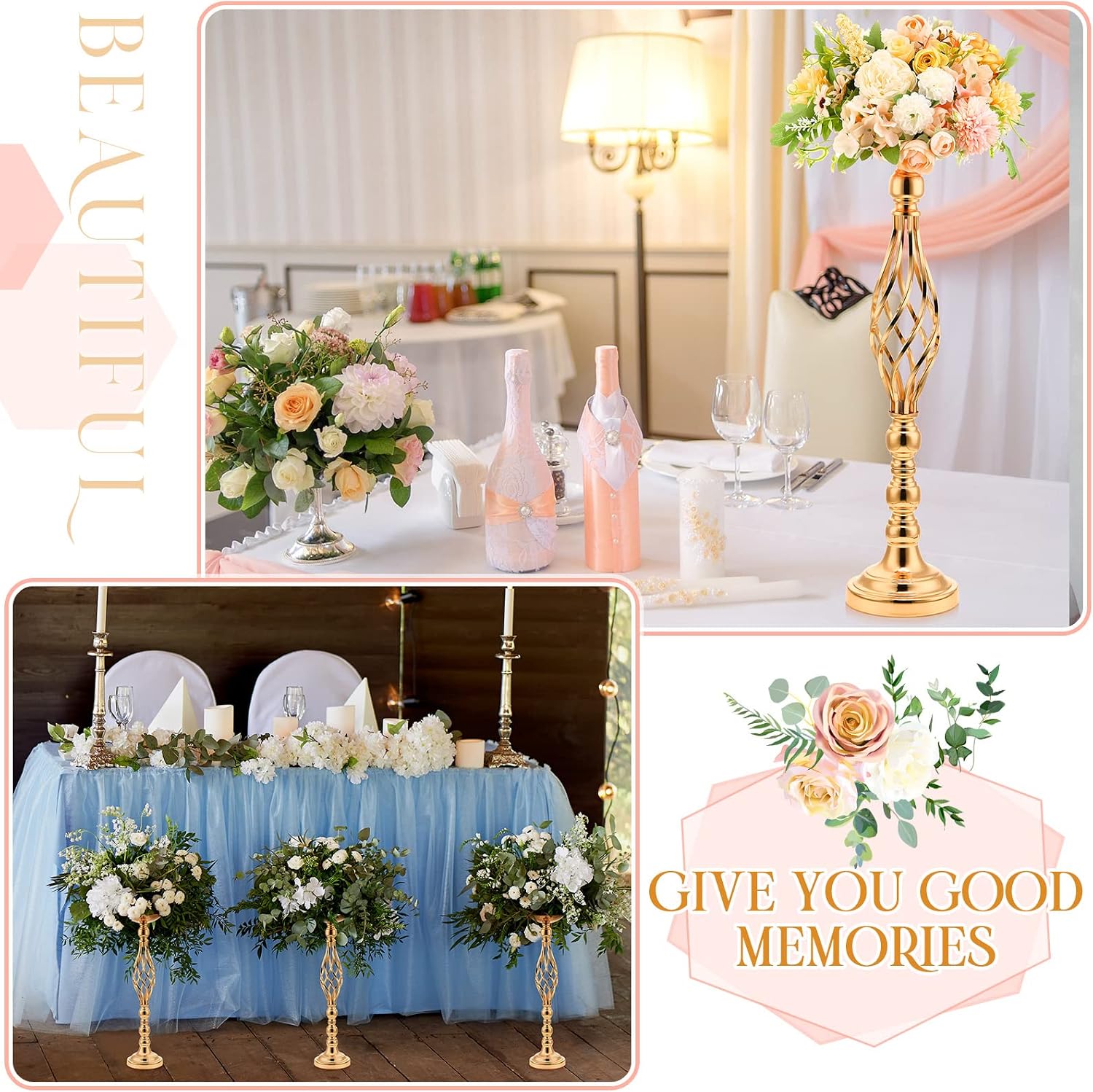 Rtteri 20 Pcs Large Wedding Centerpiece Table Decorations Tall Metal Flower Arrangement Stand Elegant Flower Vase Candle Holder for Wedding Reception Table Party Event Hotel Home Decor (Gold,Large)