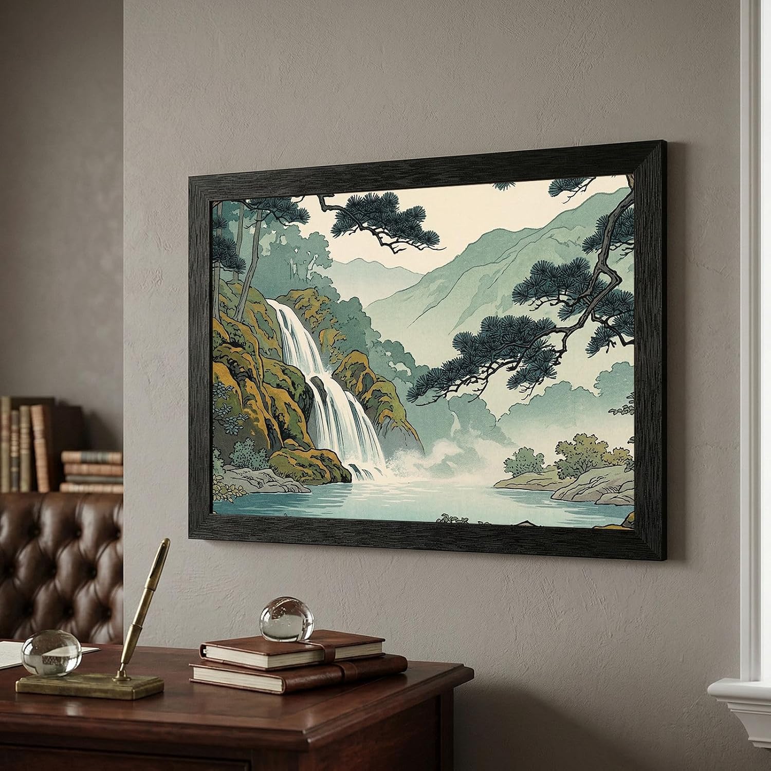 Framed Japanese Woodblock Style Waterfall Wall Art - Mist Forest Landscape in Premium Black Frame - Ready to Hang Nature Decor for Home and Office - 24x36 Inch