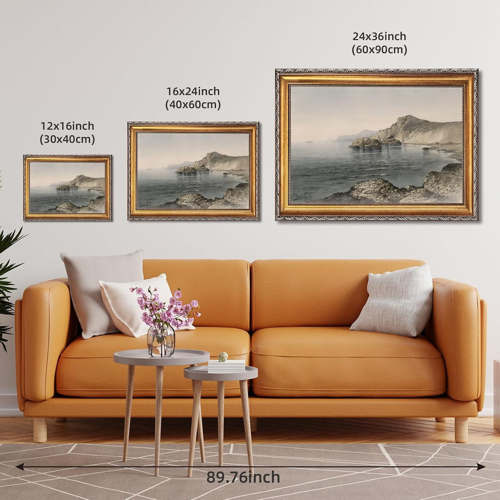 Large Framed Rocky Coastal Cliff Landscape Canvas Wall Art Vintage Classical Seascape Oil Painting Poster European Ocean Shore Artwork Print Rugged Seaside Scenery Bedroom Home Decor 24x36inch