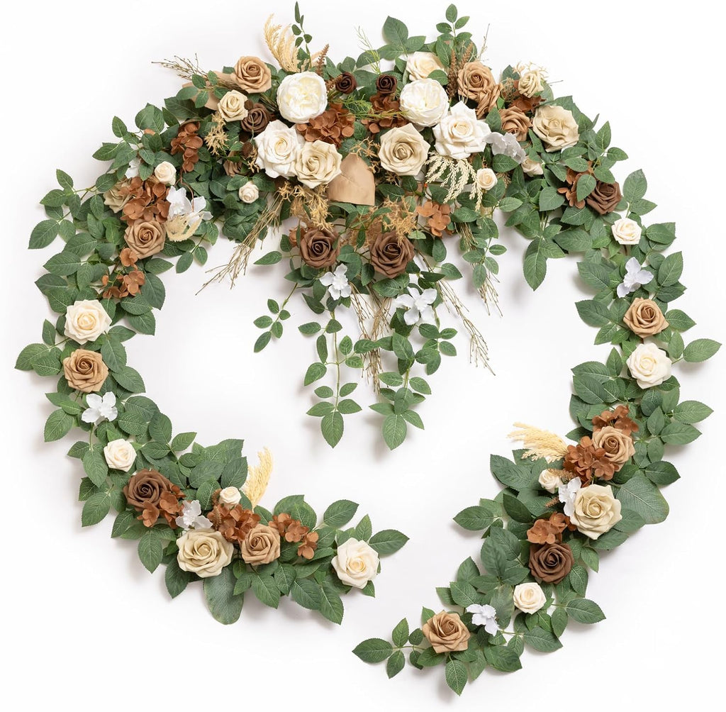 Ling's moment 9FT Spring Flower Garland for Backdrop Decorations - Wedding Arch Flowers, Eucalyptus & Rose, Artificial Floral Garland for Mantel - Sweetheart Table Decor for Reception, Beige Brown
