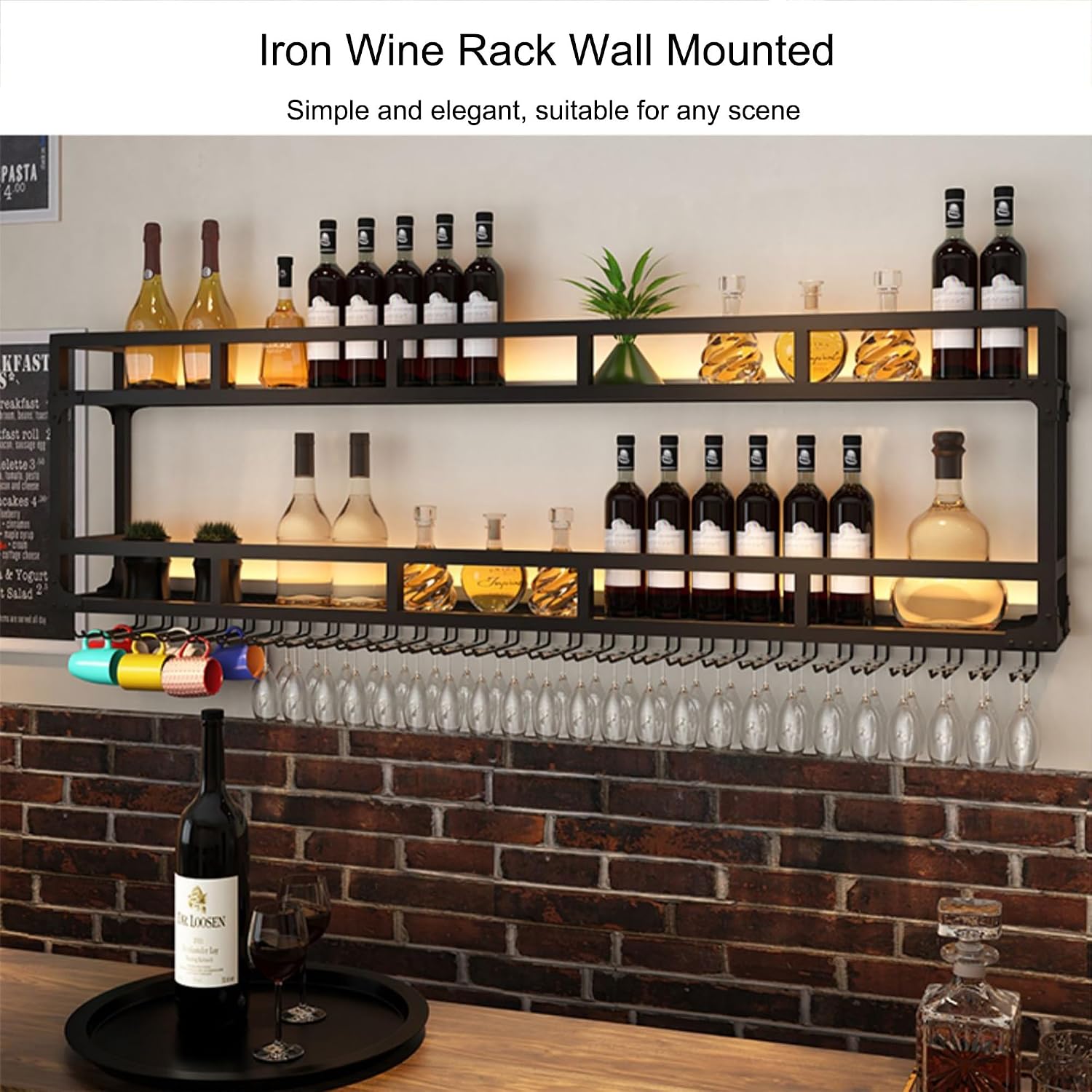 Wall Mounted Wine Rack with LED Light and Glass Rack, Black, Modern Style, 8 Bottle Capacity