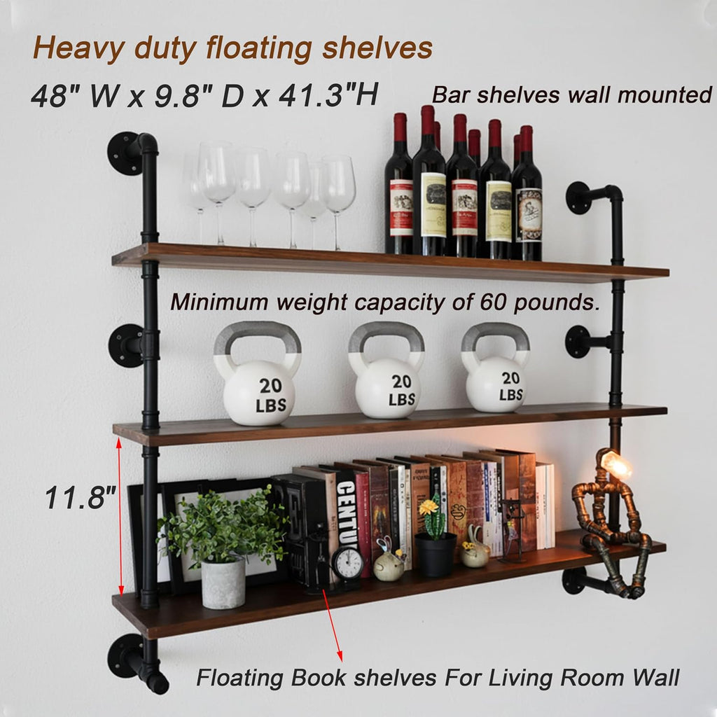 Industrial Pipe Wall Shelves Pipe Shelving with Real Wood Plank ,48 Inches Floating Shelves for Wall Farmhouse Pipe Book Shelves for Kitchen,Living Room Decor and Bar Shelving Dark Brown 3 Tier