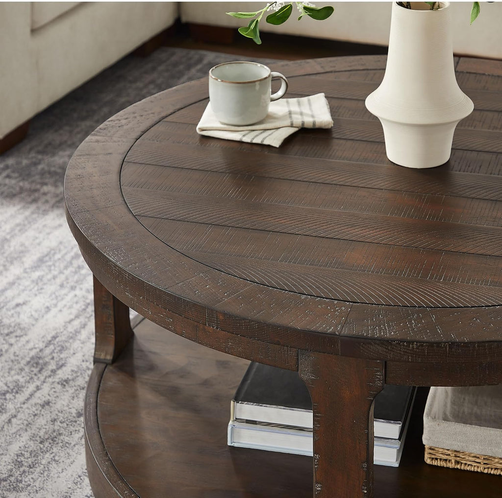 40' Round Coffee Table for Living Room, Circle Coffee Table with Storage Shelf, 2-Tier Wooden Center Tables, Mid Century Farmhouse End Table for Office Apartment Bedroom Home Furniture, Brown