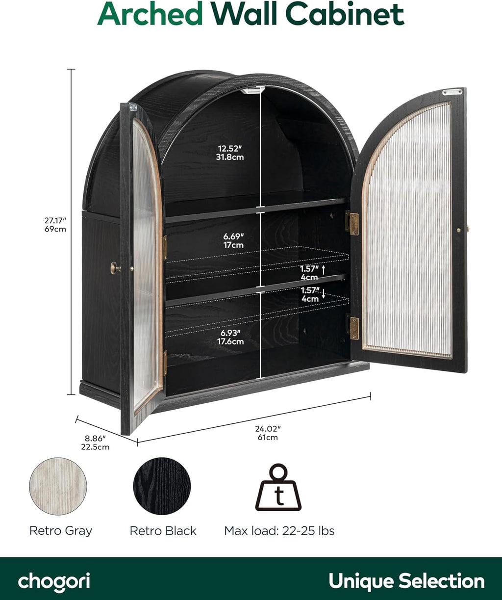 Chogori Solid Wood Arched Bathroom Wall Cabinet, 27x24x9 Inch Over The Toilet Storage Cabinet with Acrylic Doors & 3 Adjustable Shelves, Wall Mounted Cabinet for Bathroom, Kitchen, Laundry Room, Black
