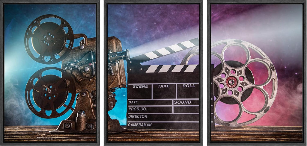 wall26 Framed Canvas Print Wall Art Set Hollywood Movie Projector Film Clapperboard Pop Culture Celebrities Photography Realism Decorative Scenic for Living Room, Bedroom, Office - 24'x36'x3 Black